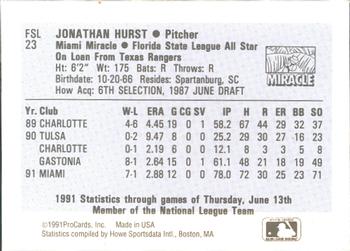 1991 ProCards Florida State League All-Stars #FSL23 Jonathan Hurst Back
