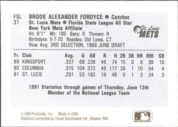 1991 ProCards Florida State League All-Stars #FSL31 Brook Fordyce Back