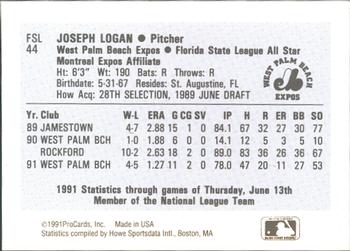 1991 ProCards Florida State League All-Stars #FSL44 Joe Logan Back