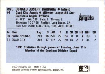 1991 ProCards Midwest League All-Stars #MWL24 Don Barbara Back