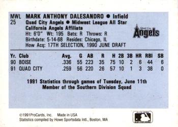 1991 ProCards Midwest League All-Stars #MWL25 Mark Dalesandro Back
