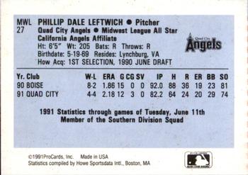 1991 ProCards Midwest League All-Stars #MWL27 Phil Leftwich Back