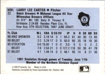 1991 ProCards Midwest League All-Stars #MWL32 Larry Carter Back
