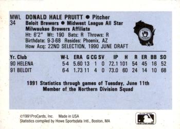1991 ProCards Midwest League All-Stars #MWL34 Don Pruitt Back