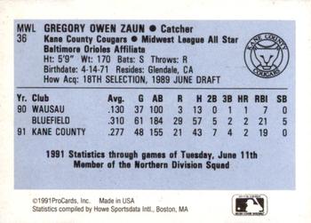 1991 ProCards Midwest League All-Stars #MWL36 Greg Zaun Back