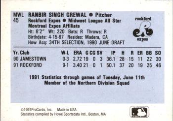 1991 ProCards Midwest League All-Stars #MWL45 Ranbir Grewal Back