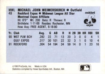 1991 ProCards Midwest League All-Stars #MWL49 Mike Weimerskirch Back