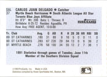 1991 ProCards South Atlantic League All-Stars #SAL37 Carlos Delgado Back
