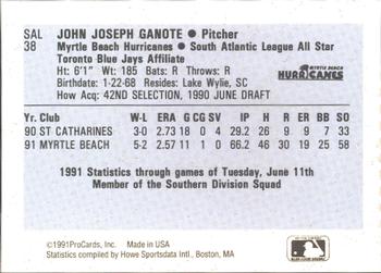 1991 ProCards South Atlantic League All-Stars #SAL38 Joe Ganote Back