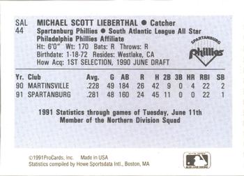 1991 ProCards South Atlantic League All-Stars #SAL44 Mike Lieberthal Back