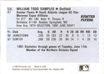 1991 ProCards South Atlantic League All-Stars #SAL47 Todd Samples Back