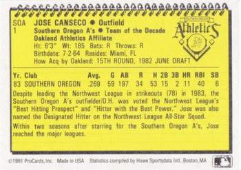1991 ProCards Southern Oregon A's Anniversary #SOA1 Jose Canseco Back