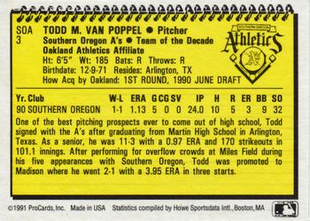 1991 ProCards Southern Oregon A's Anniversary #SOA3 Todd Van Poppel Back