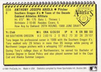 1991 ProCards Southern Oregon A's Anniversary #SOA4 Tony Ariola Back