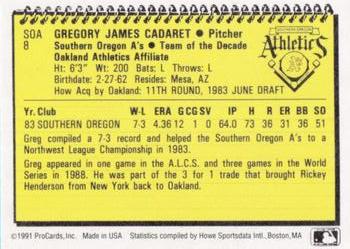 1991 ProCards Southern Oregon A's Anniversary #SOA8 Greg Cadaret Back