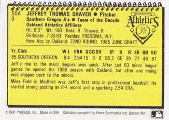 1991 ProCards Southern Oregon A's Anniversary #SOA9 Jeff Shaver Back