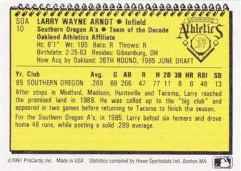 1991 ProCards Southern Oregon A's Anniversary #SOA10 Larry Arndt Back