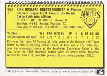 1991 ProCards Southern Oregon A's Anniversary #SOA11 Kirk Dressendorfer Back
