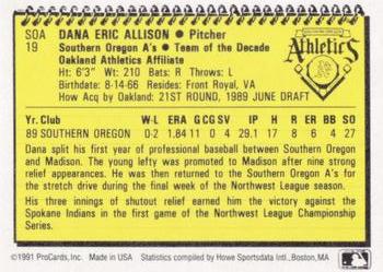 1991 ProCards Southern Oregon A's Anniversary #SOA19 Dana Allison Back
