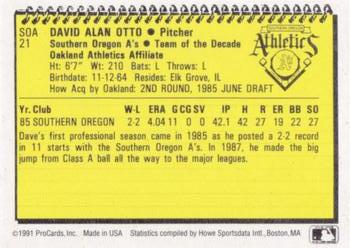 1991 ProCards Southern Oregon A's Anniversary #SOA21 Dave Otto Back