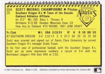 1991 ProCards Southern Oregon A's Anniversary #SOA25 Scott Chiamparino Back