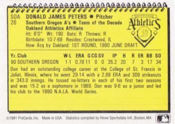 1991 ProCards Southern Oregon A's Anniversary #SOA26 Don Peters Back