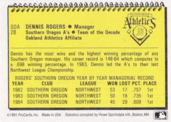 1991 ProCards Southern Oregon A's Anniversary #SOA28 Dennis Rogers Back