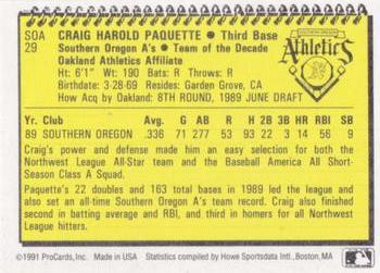 1991 ProCards Southern Oregon A's Anniversary #SOA29 Craig Paquette Back