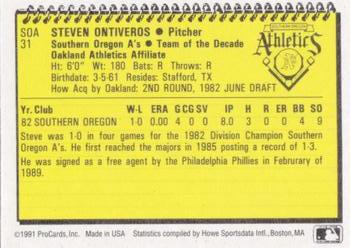 1991 ProCards Southern Oregon A's Anniversary #SOA31 Steve Ontiveros Back
