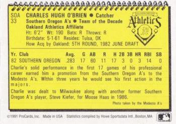 1991 ProCards Southern Oregon A's Anniversary #SOA33 Charlie O'Brien Back