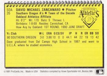 1991 ProCards Southern Oregon A's Anniversary #SOA35 Dave Zancanaro Back