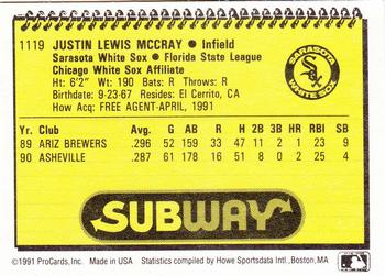 1991 ProCards #1119 Justin McCray Back