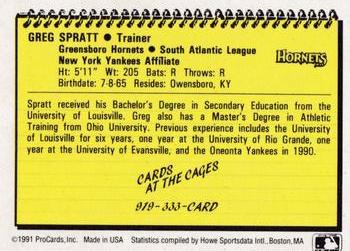 1991 ProCards #NNO Greg Spratt Back
