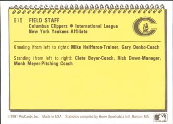 1991 ProCards #615 Mike Heifferon / Gary Denbo / Clete Boyer / Rick Down / Monk Meyer Back