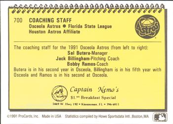 1991 ProCards #700 Sal Butera / Jack Billingham / Bobby Ramos Back