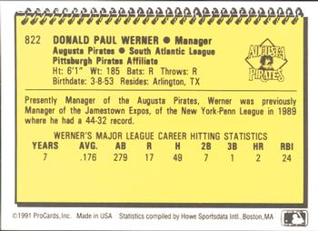 1991 ProCards #822 Don Werner Back