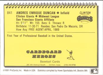 1991 ProCards #841 Andres Duncan Back