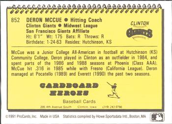 1991 ProCards #852 Deron McCue Back