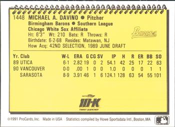 1991 ProCards #1448 Mike Davino Back