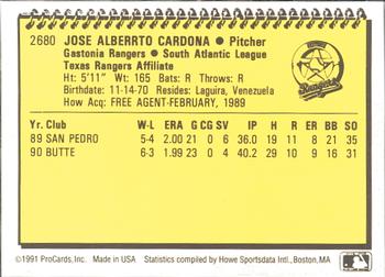 1991 ProCards #2680 Jose Cardona Back