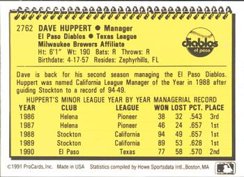1991 ProCards #2762 Dave Huppert Back