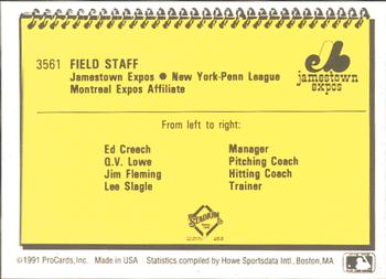 1991 ProCards #3561 Field Staff (Ed Creech / Q.V. Lowe / Jim Fleming / Lee Slagle) Back