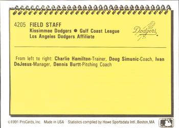 1991 ProCards #4205 Field Staff (Charlie Hamilton / Doug Simunic / Ivan DeJesus / Dennis Burrt) Back
