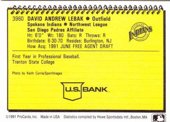 1991 ProCards #3960 David Lebak Back