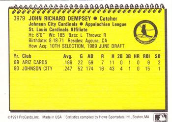 1991 ProCards #3979 John Dempsey Back