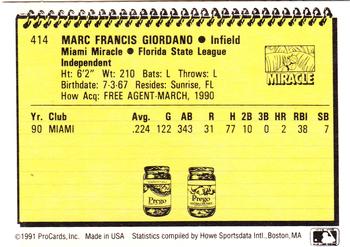 1991 ProCards #414 Marc Giordano Back