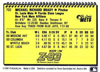 1991 ProCards #702 Mike Brady Back