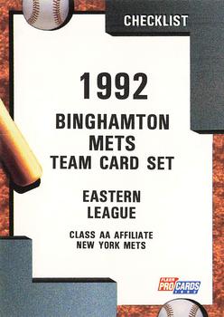1992 Fleer ProCards #535 Binghamton Mets Checklist Front