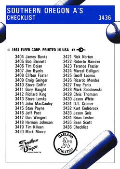 1992 Fleer ProCards #3436 Southern Oregon A's Checklist Back