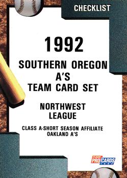 1992 Fleer ProCards #3436 Southern Oregon A's Checklist Front